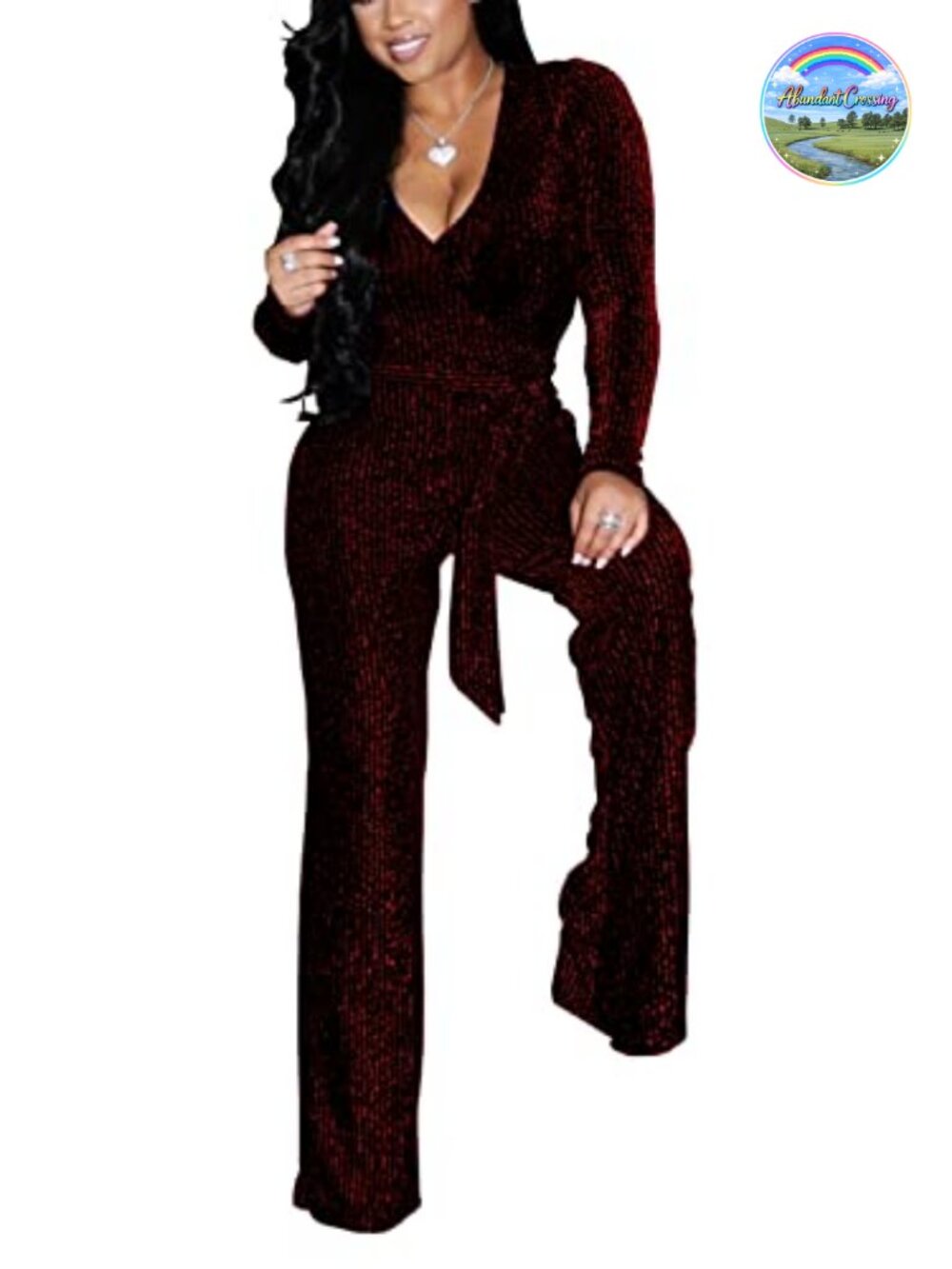 Women's V Neck Sequin Long Sleeve Wide Leg Jumpsuit with Belt Party Club